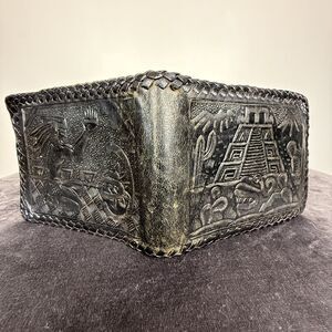 Vintage Aztec Mayan Mexican-Inspired Leather Black Wallet